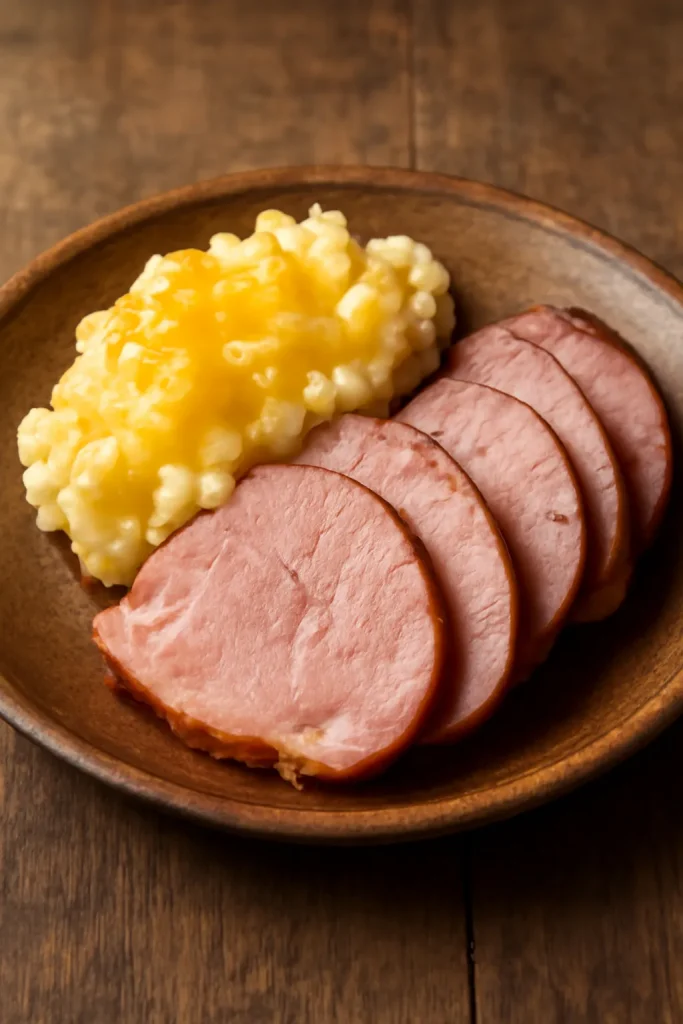 Ham with potatoes and cheese on plate