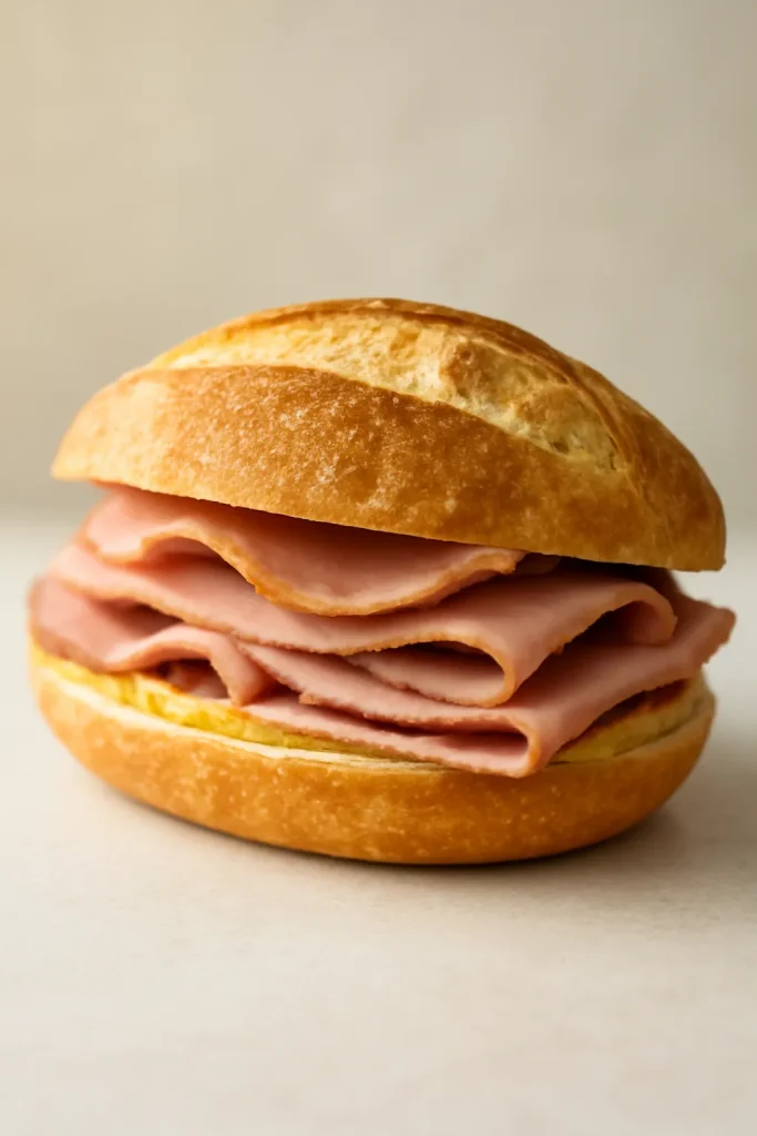 Ham and cheese sandwich on crusty bread, handheld style