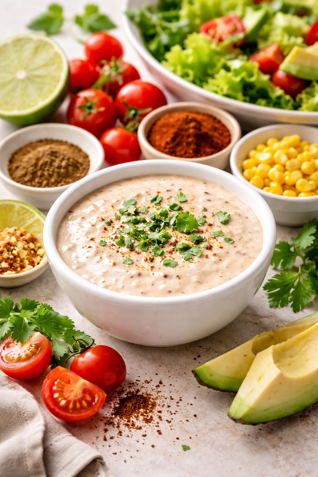 Homemade dressing in a bowl with a fresh, vibrant texture