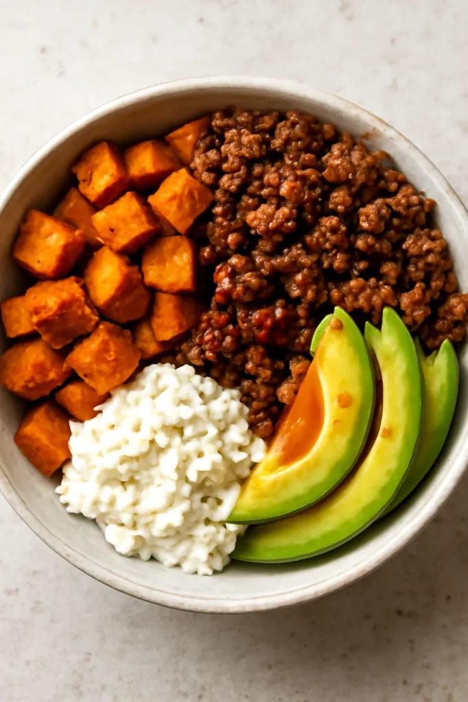 Easy Beef Meal Prep Bowls for Busy Weeks 7 Hot Honey Beef Bowl with sweet potatoes, beef, cottage cheese, avocado and honey drizzle