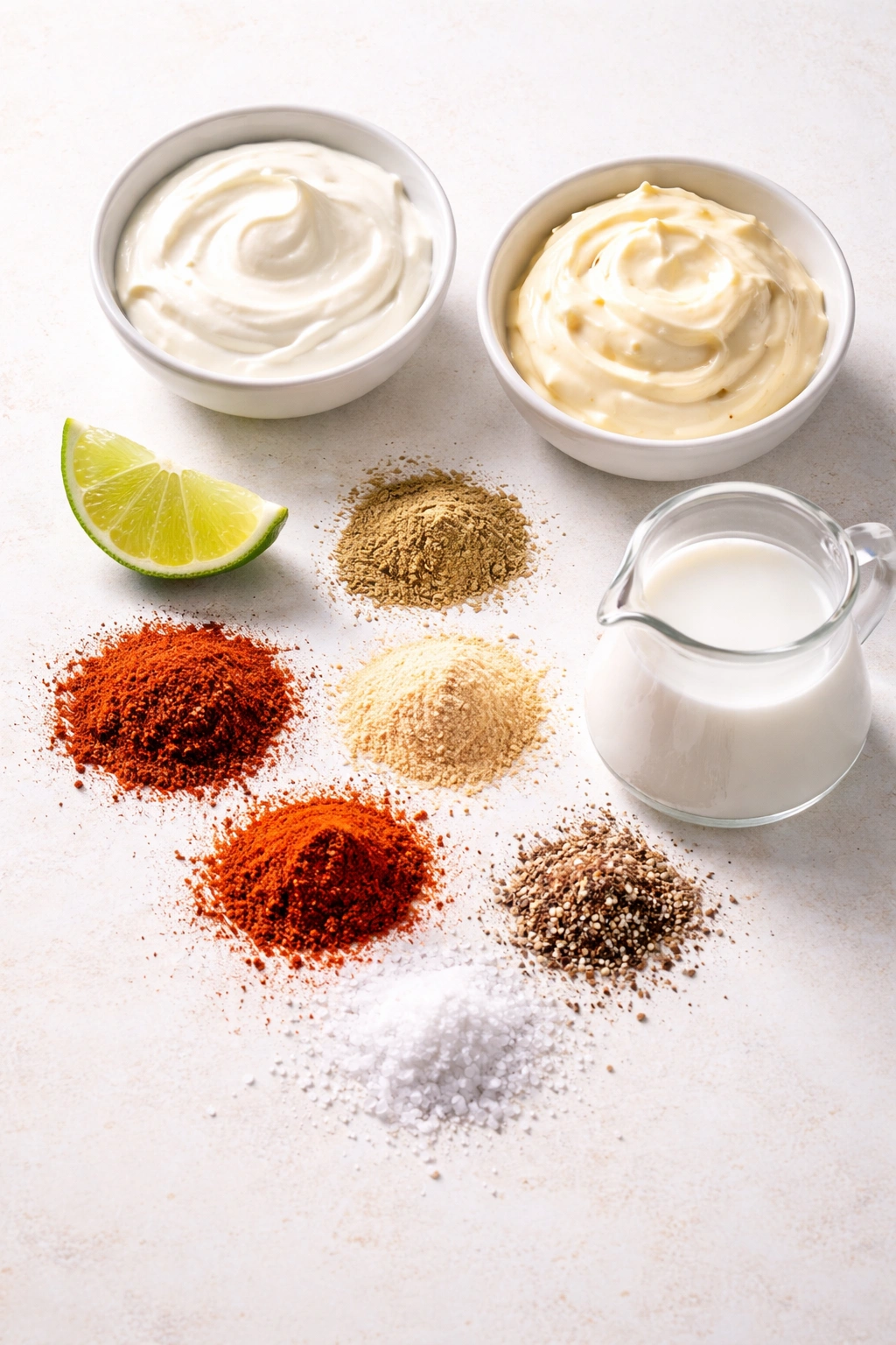 Flat lay of dressing ingredients ready for assembly