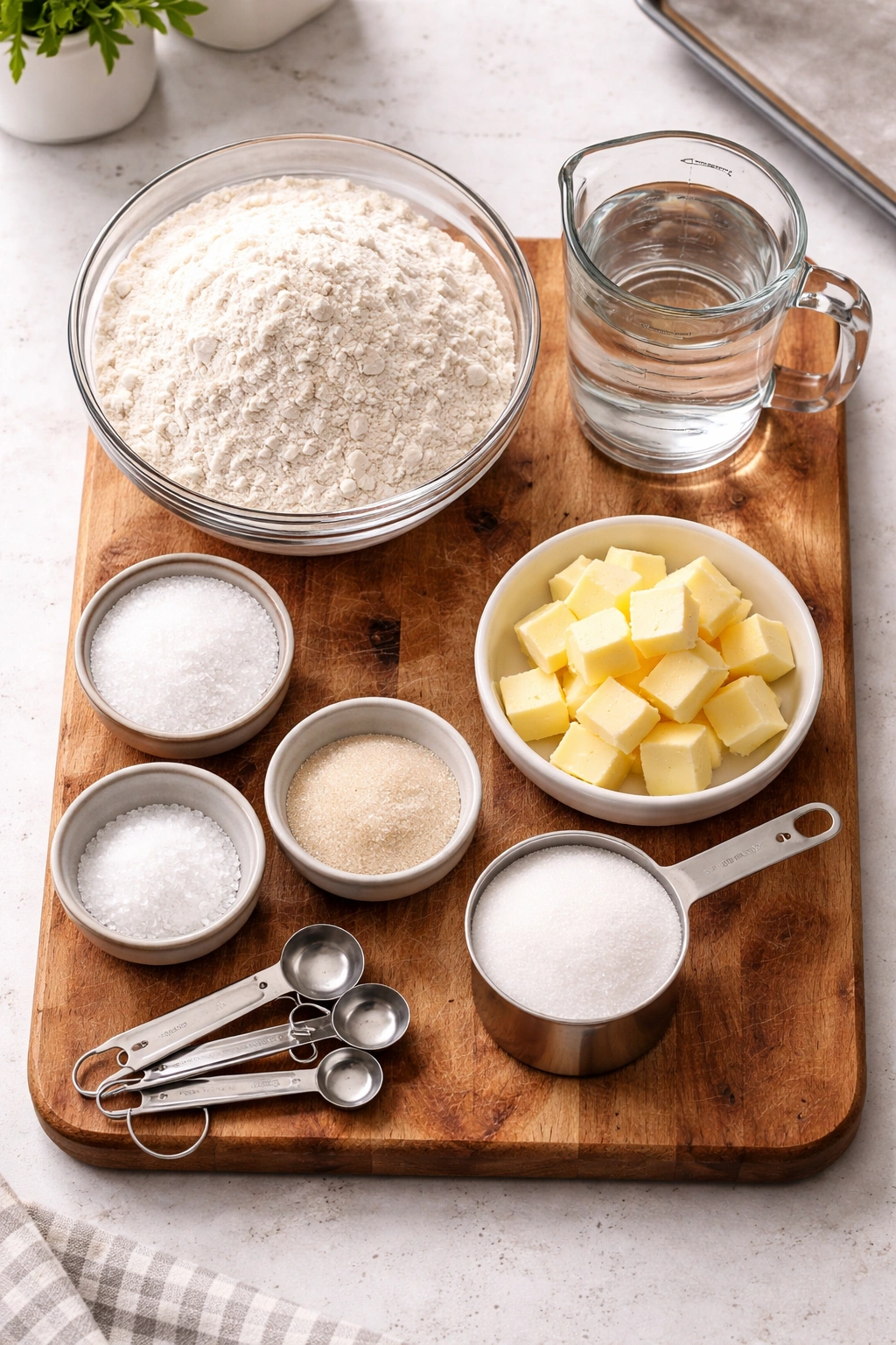 Lineup of baking ingredients for pretzel bites on a wooden board