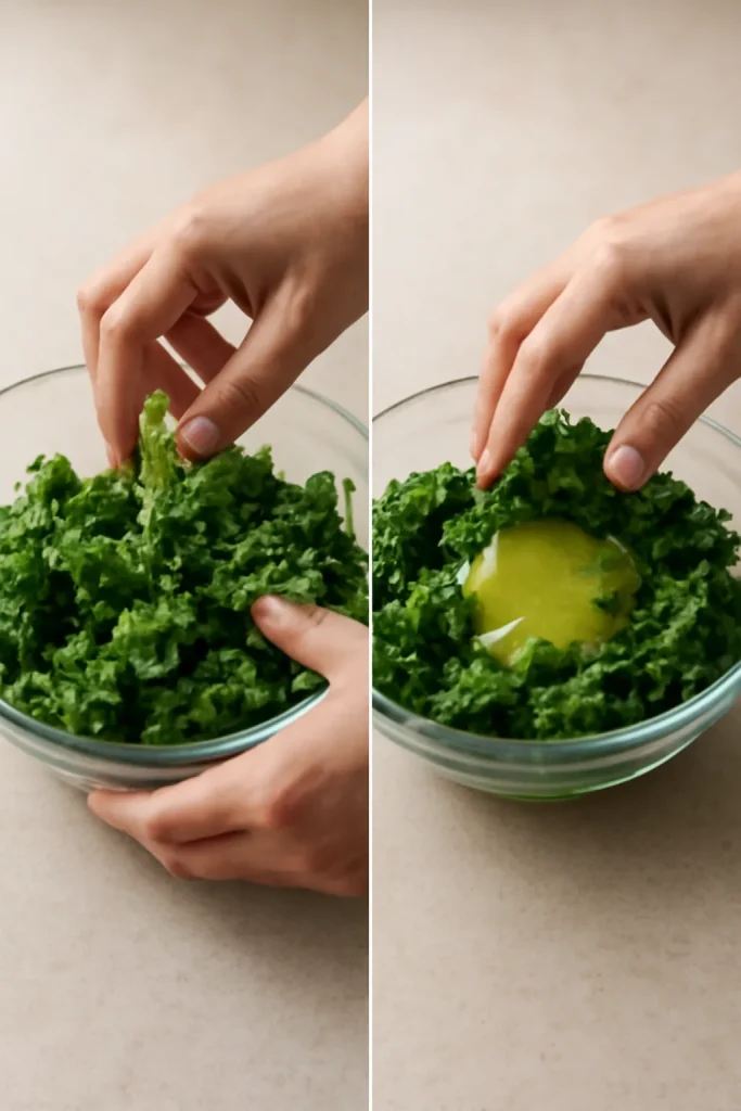 Close-up of hands massaging kale with oil to demonstrate proper technique and avoid over-dressing