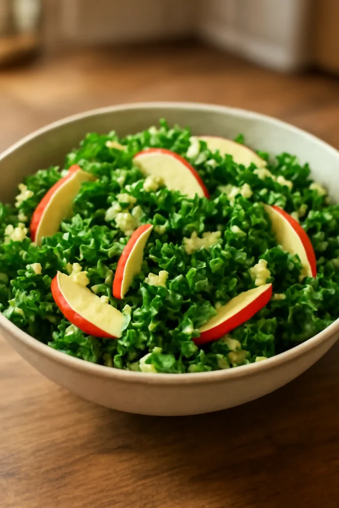 Vibrant kale apple quinoa salad in a bowl on a wooden surface, showcasing textures and colors