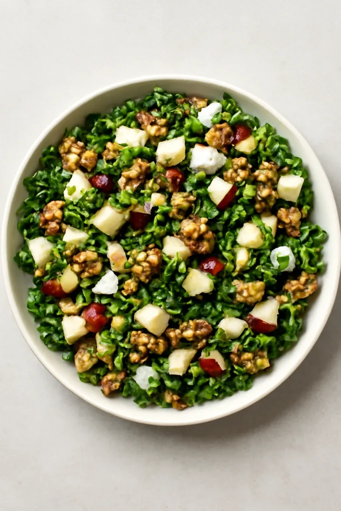 Final kale apple quinoa salad in a bowl with colorful ingredients