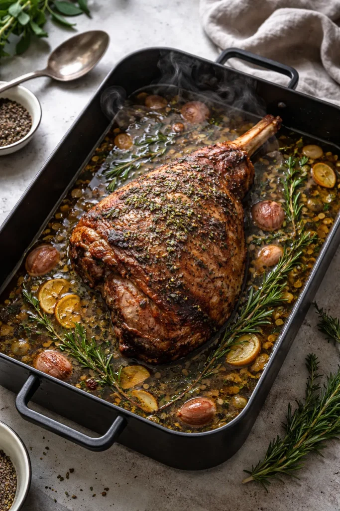 Lamb leg resting in braising liquid in a roasting pan