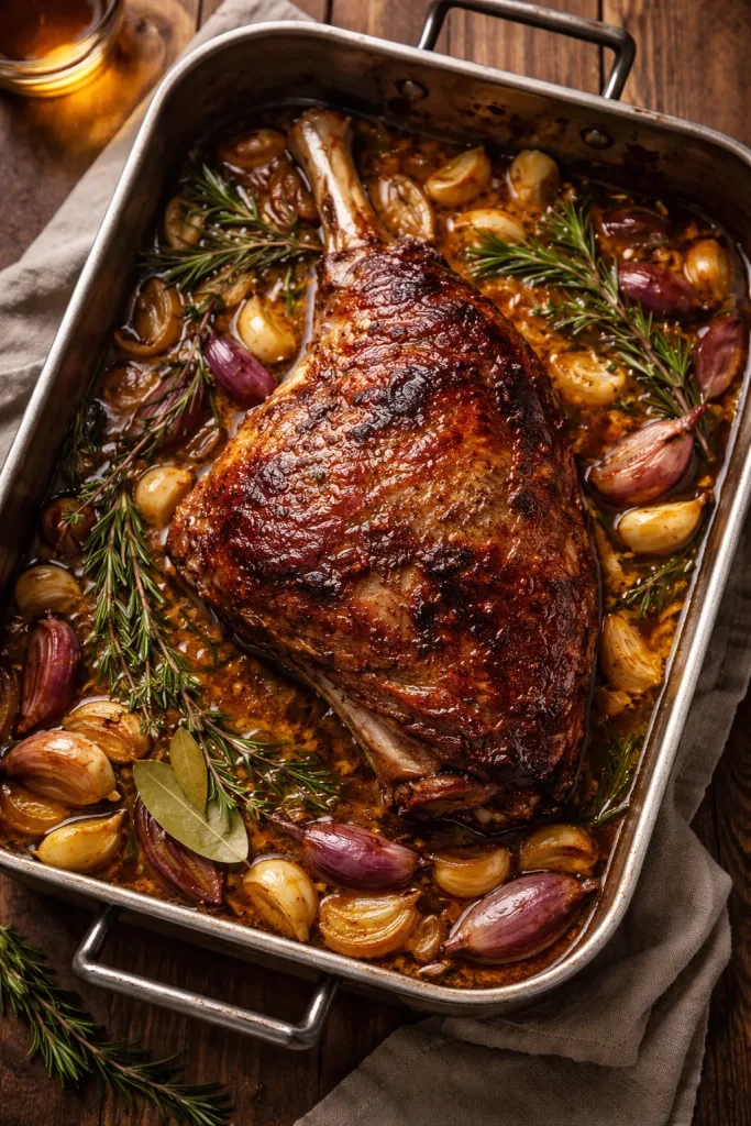 Close-up of a bone-in lamb leg in a roasting pan with garlic and herbs and glossy pan sauce