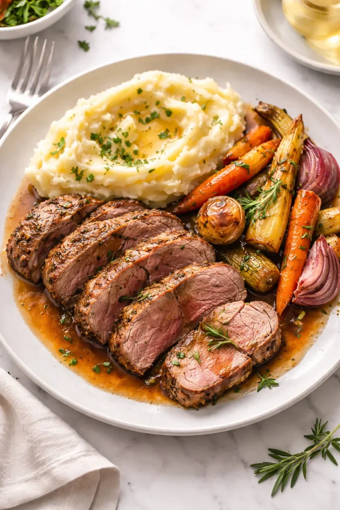 Plate with lamb slices, mashed potatoes, and roasted root vegetables
