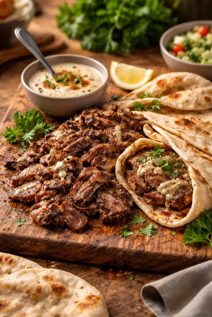 Shawarma-style lamb with flatbread and tahini arranged on a wooden board
