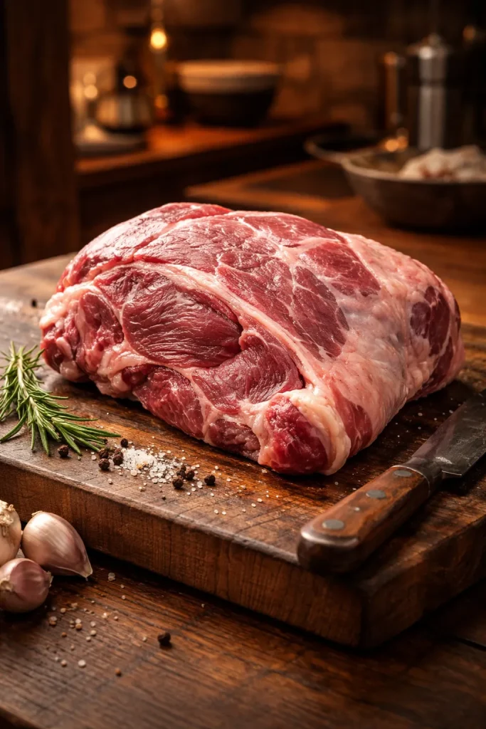 Raw lamb shoulder with marbling on a wooden butcher block