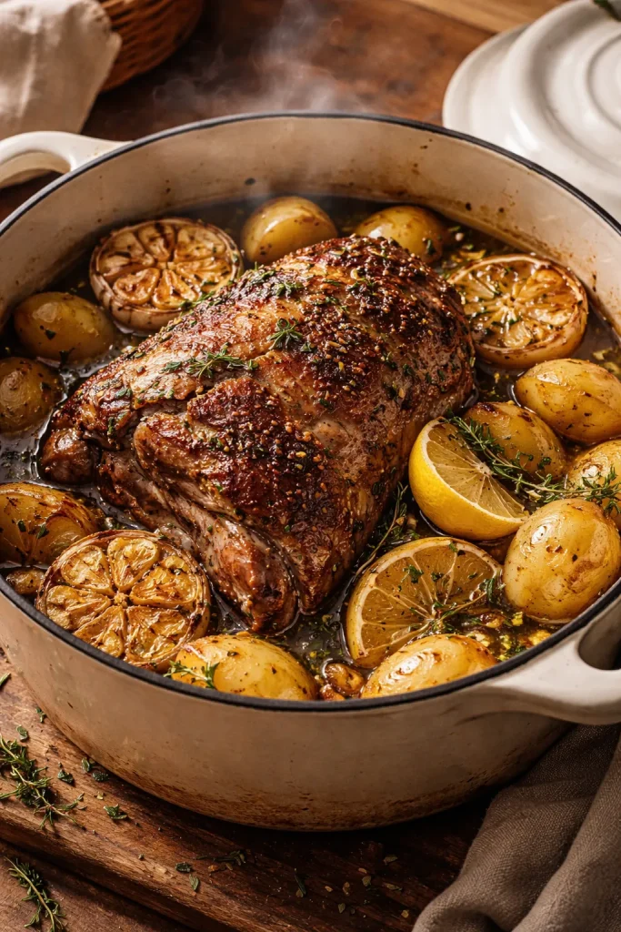 Lamb shoulder braised with white wine and potatoes