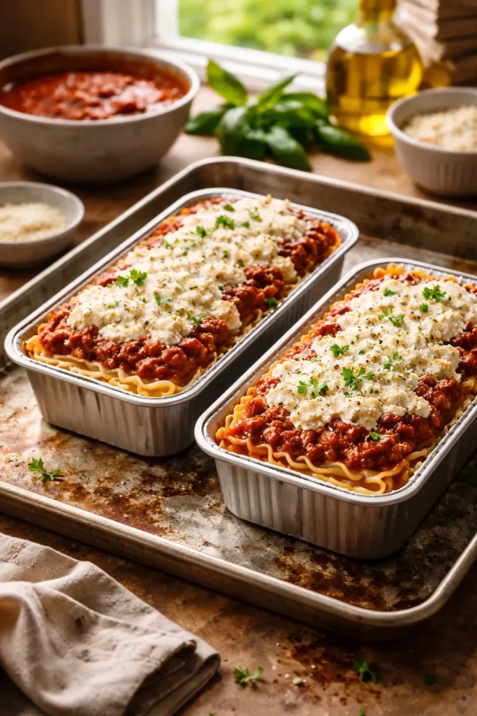 8 Freezer Meals to Cook Once and Eat Twice 3 Two mini lasagnas in loaf pans showing layered pasta and cheese.