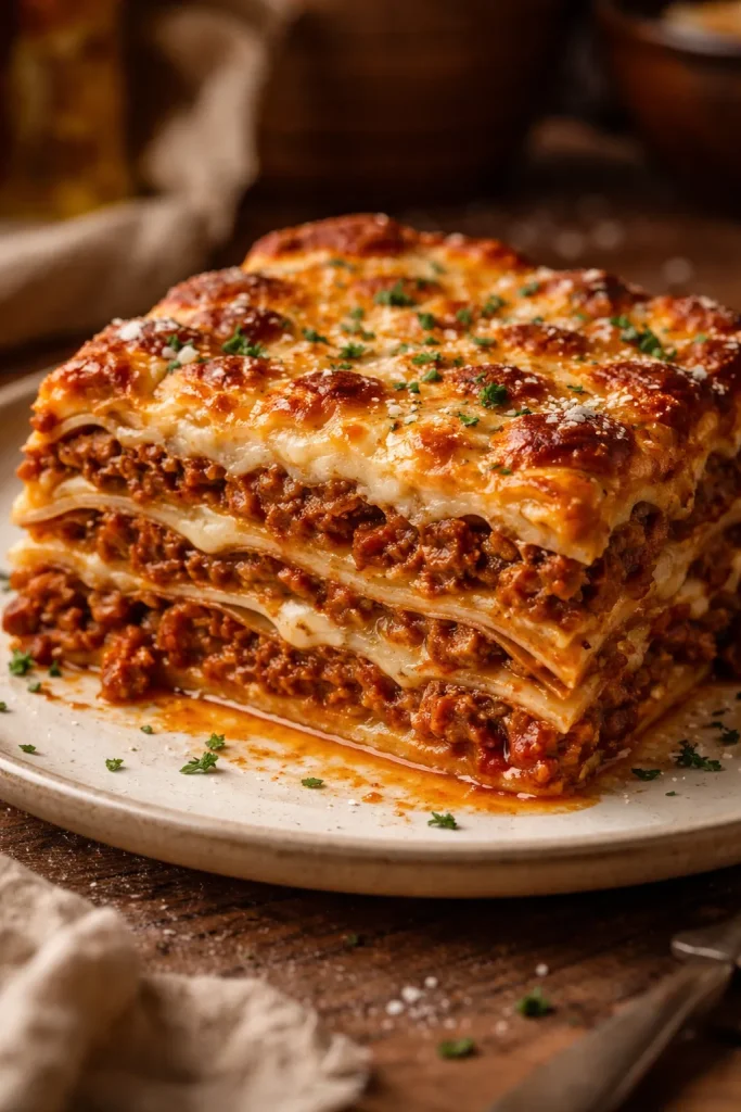 10 Italian Recipes Straight From Nonna 4 Cross-section of lasagna al forno showing layers of ragù and béchamel