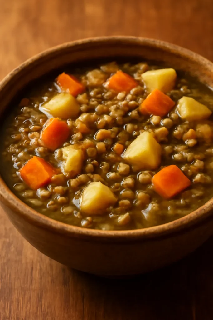 Lentil soup with root vegetables in a cozy bowl.