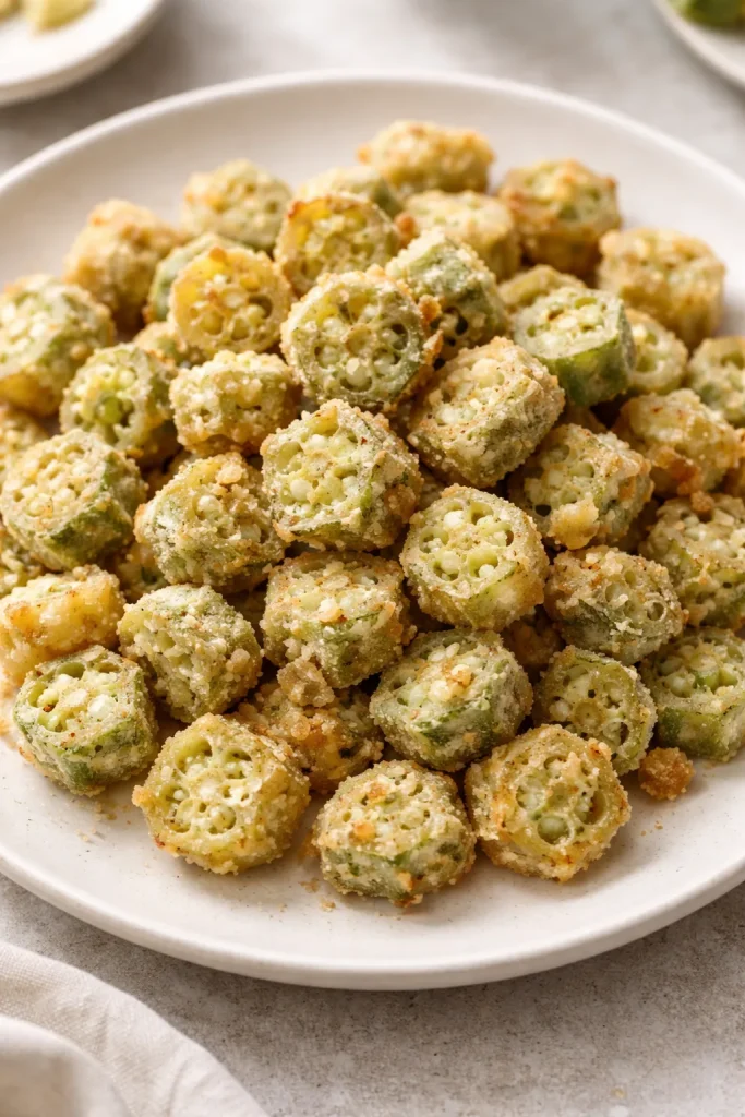 Close-up of Light Flour-Only Fried Okra with thin crust on plate