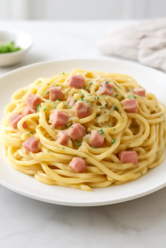 Creamy ham linguine on plate