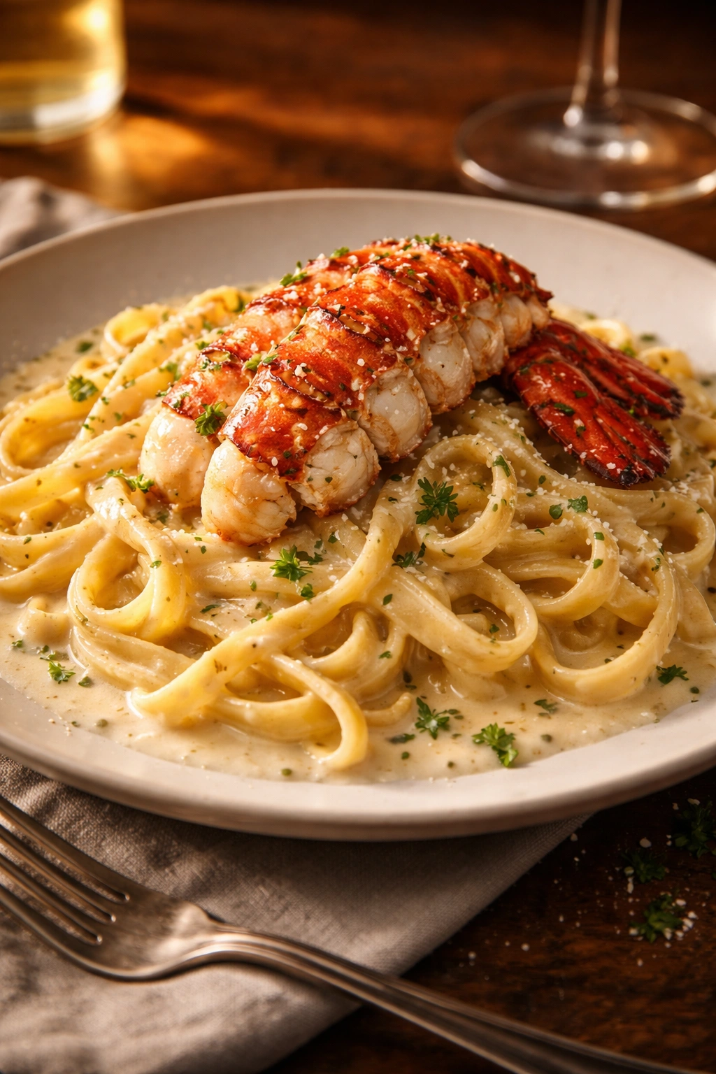 Lobster tail fettuccine with champagne cream sauce on a plate.