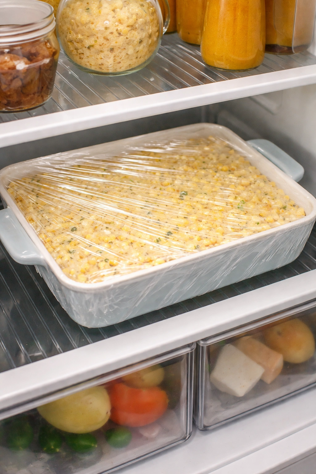 Casserole dish covered with plastic wrap in fridge