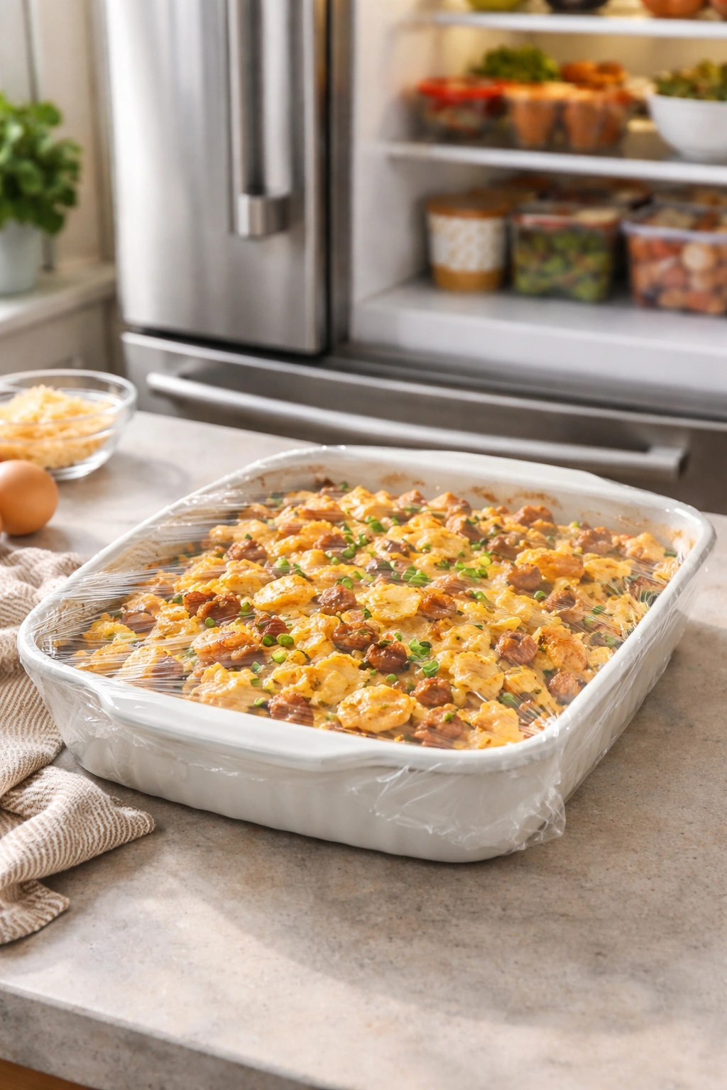 Casserole wrapped in plastic on kitchen counter ready for make-ahead preparation