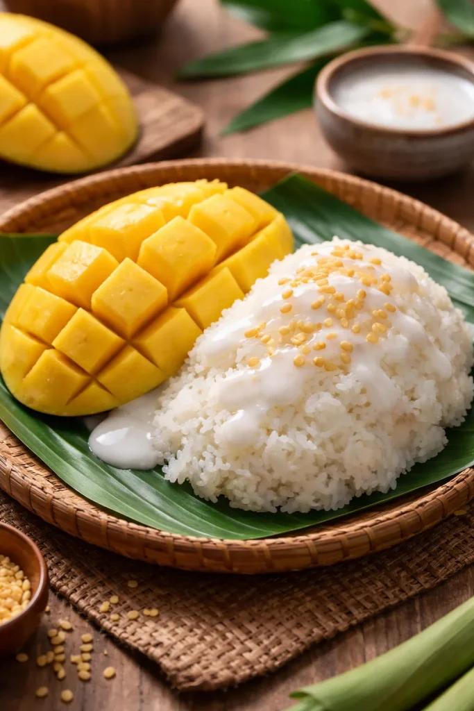 12 Thai Recipes You Can Make at Home 13 Close up of mango and sticky rice dessert with coconut cream on wooden board