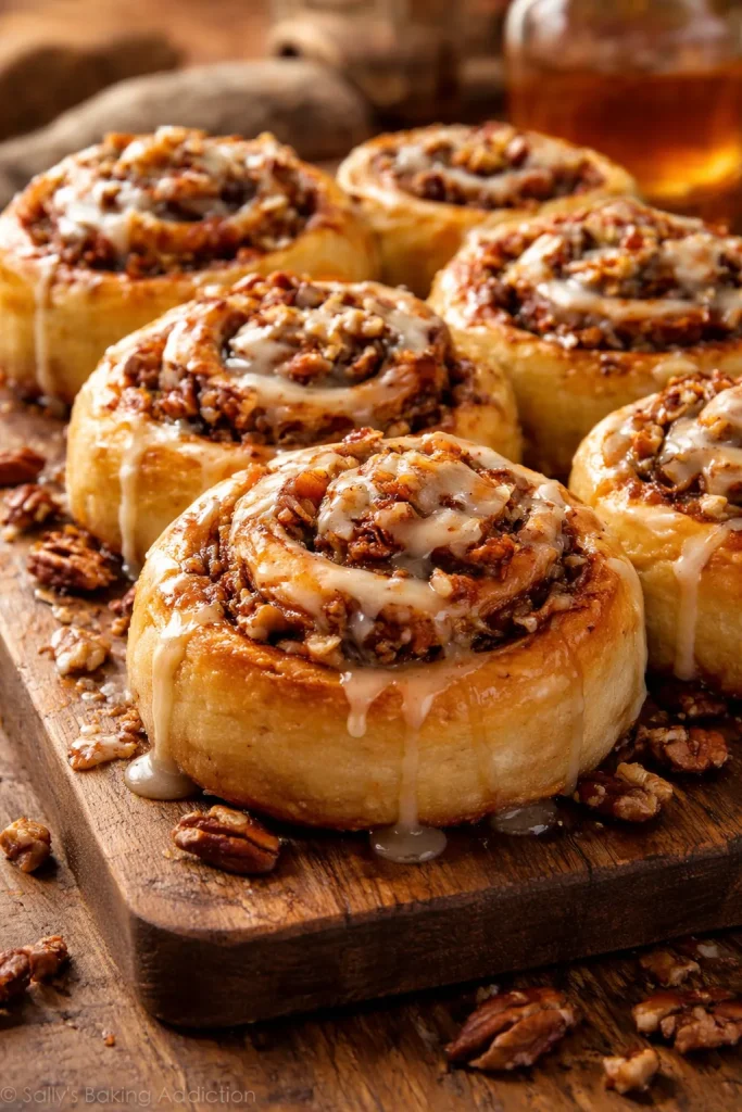8 Cinnamon Roll Recipes Soft and Fluffy 7 Close-up of maple pecan cinnamon rolls with toasted pecans and maple glaze