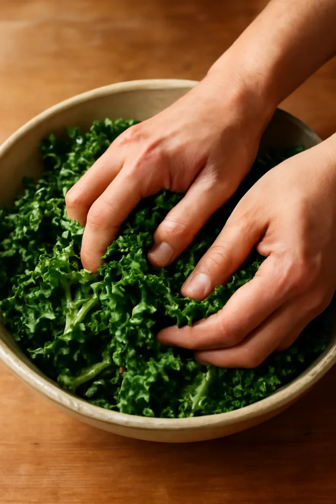 Hands massaging kale with salt and lemon in a bowl