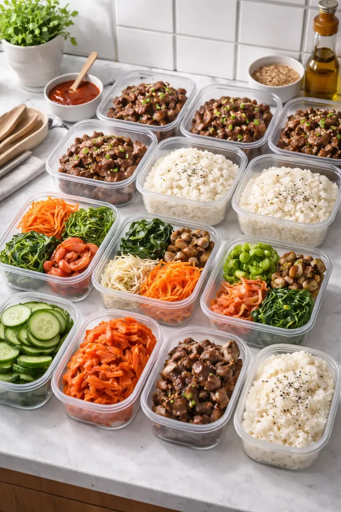 Meal prep containers with bulgogi, rice, and vegetables for bibimbap