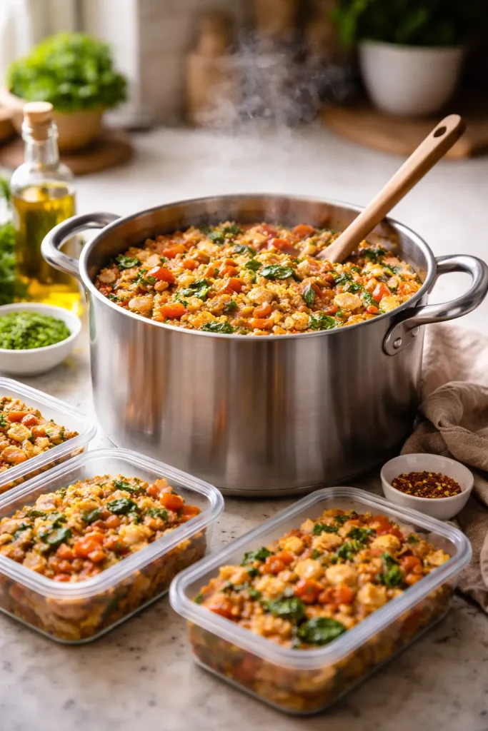 Large pot on kitchen counter illustrating scaling for meal prep in one pot