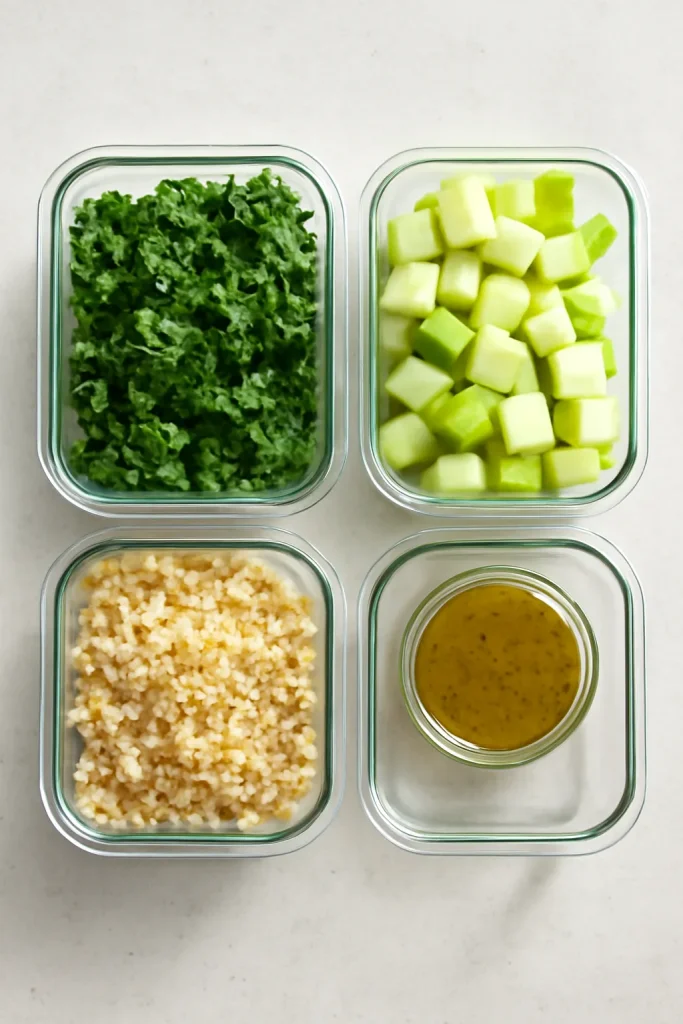 Neatly arranged glass meal-prep containers showcasing storage and make-ahead approach