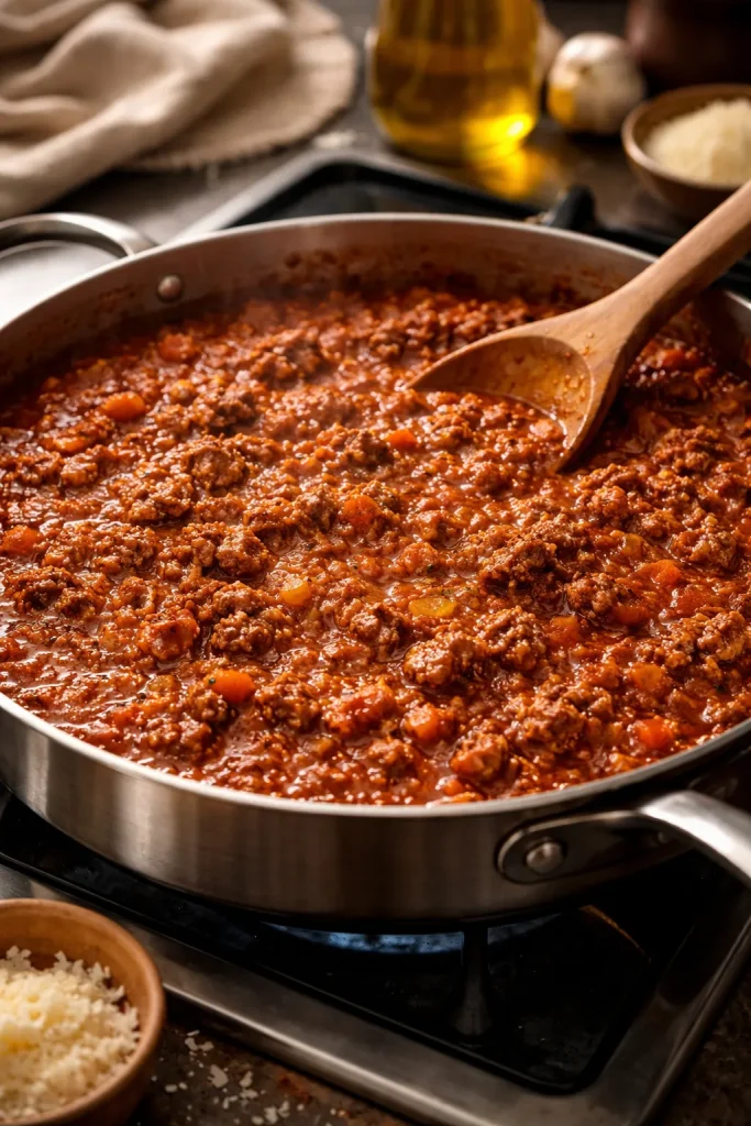 8 Freezer Meals to Cook Once and Eat Twice 9 Meat sauce simmering in a skillet with visible chunks of beef and pork