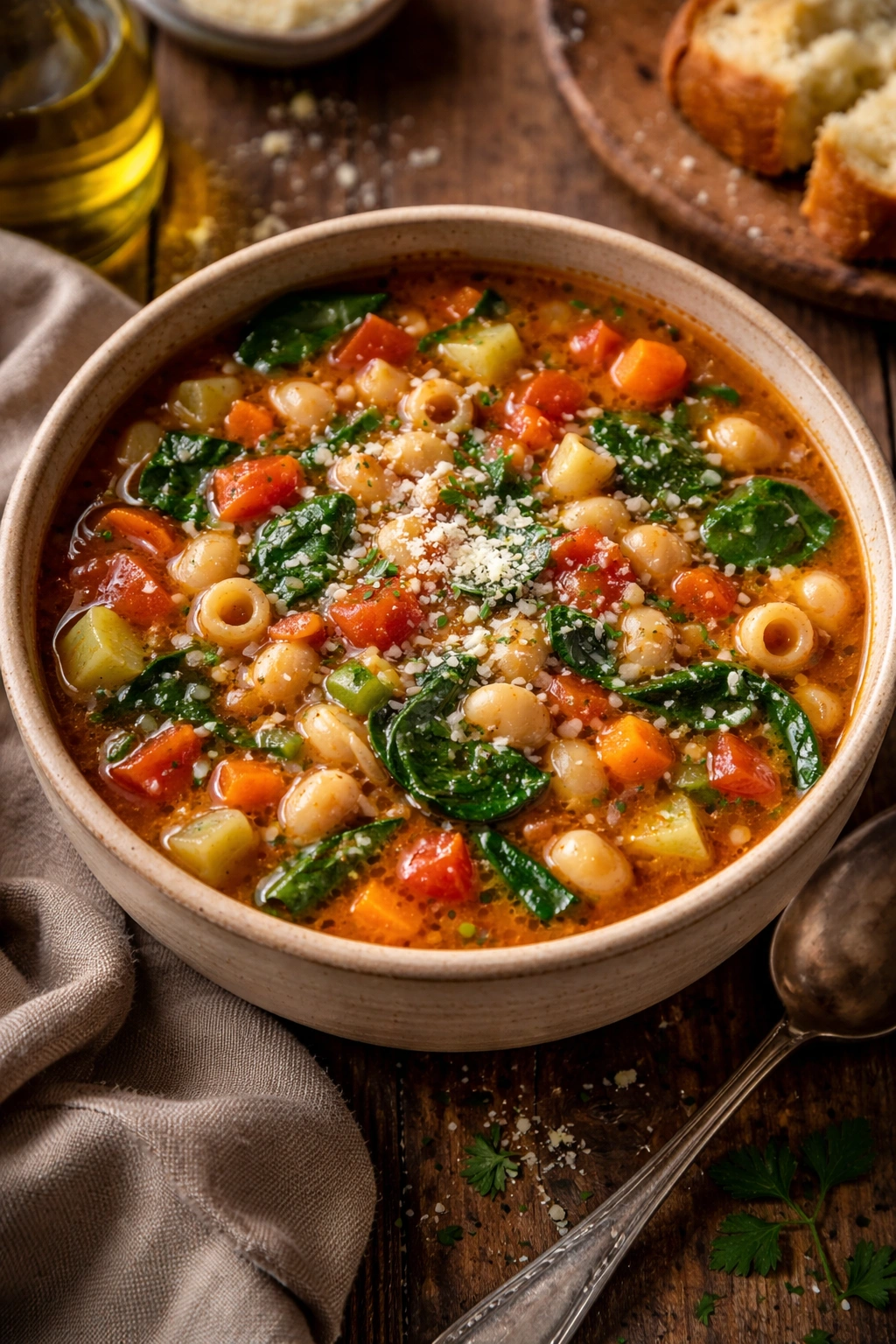Rustic Minestrone with Pasta showing colorful vegetables and pasta tubes