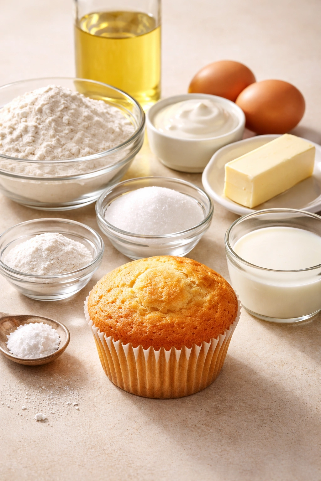 Golden muffin with classic appearance on neutral backdrop