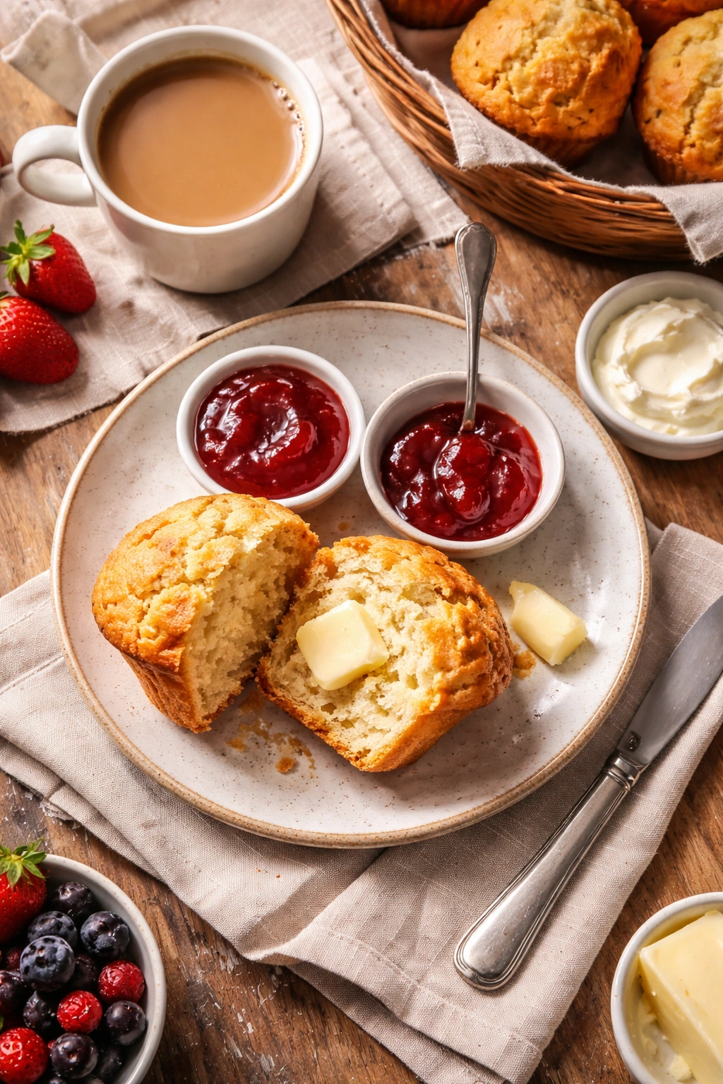 Warm muffin with butter on plate ready for serving