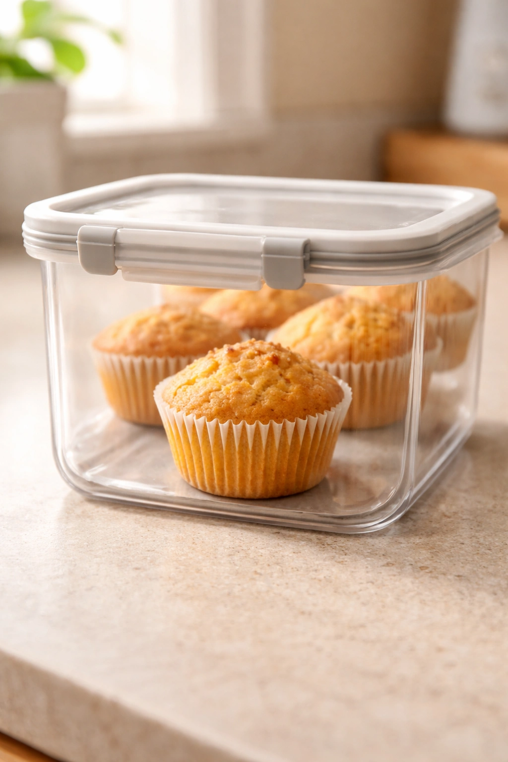 Muffin stored in an airtight container ready for storage or reheating