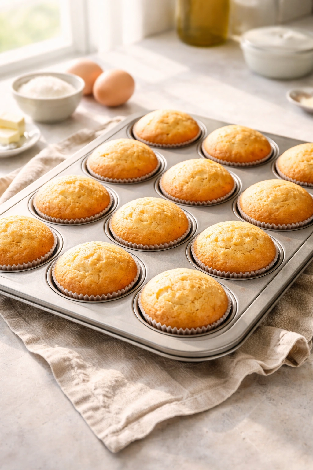 Row of twelve muffins cooling on a sheet pan