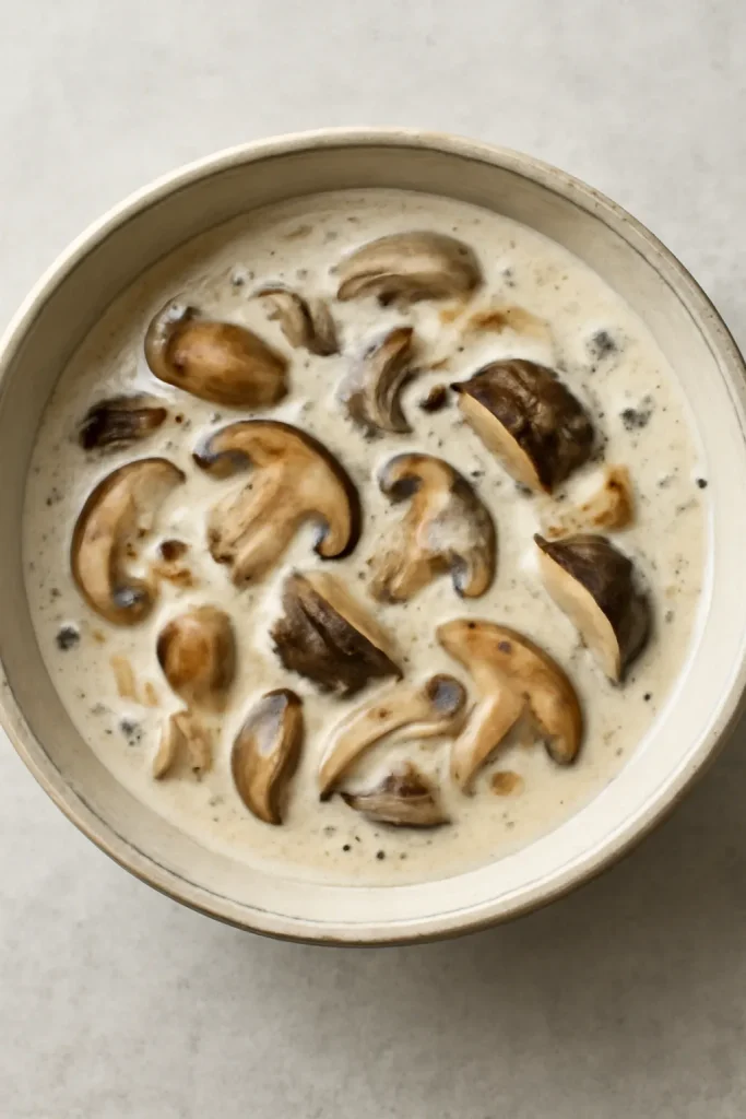 Creamy dairy-free mushroom soup in a bowl with visible mushrooms.