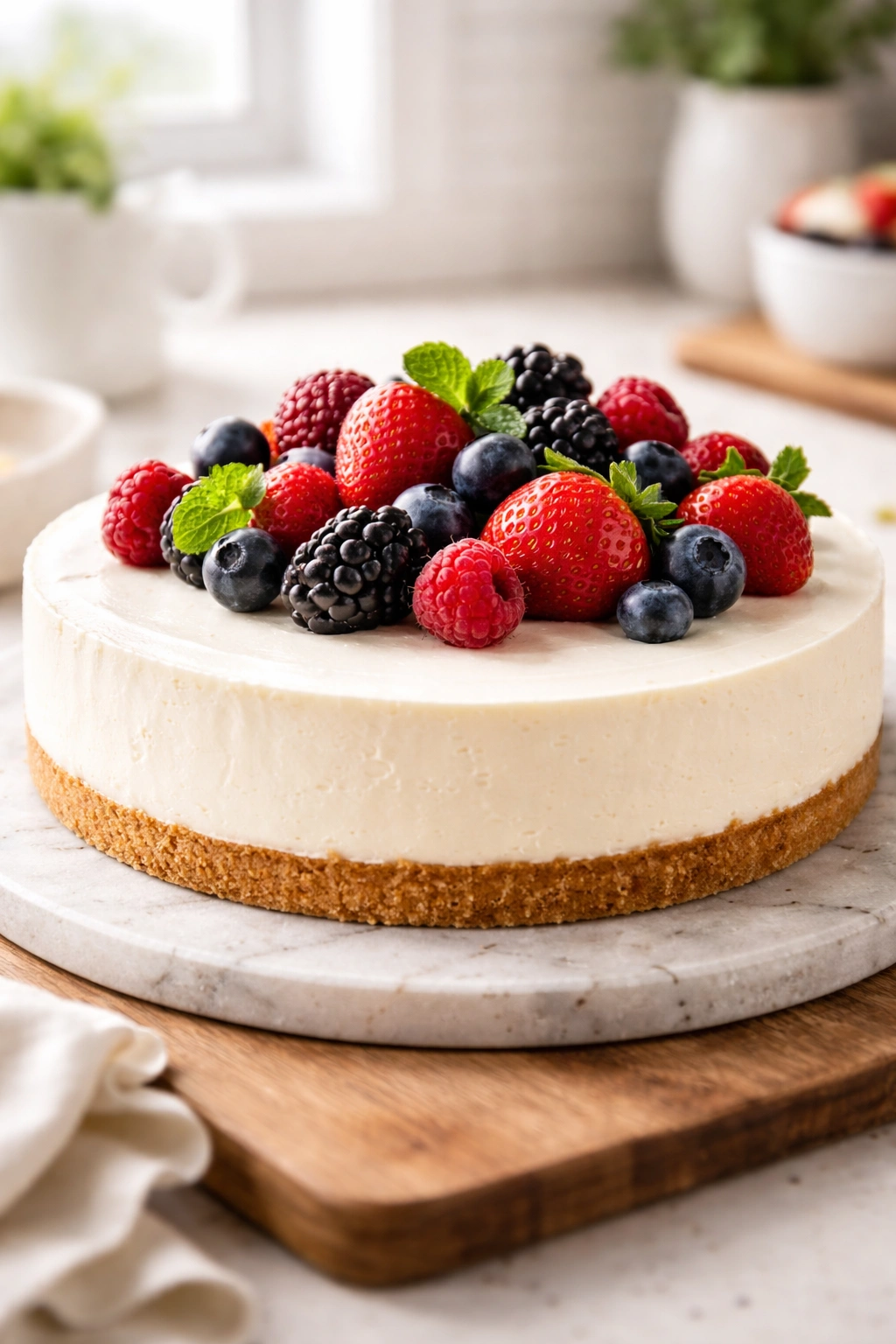No bake cheesecake in springform pan with berry topping