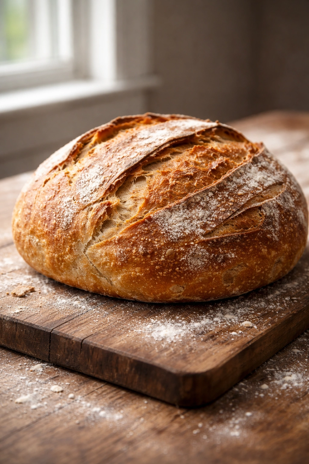 Crusty no-knead bread loaf on wooden board with flour dust