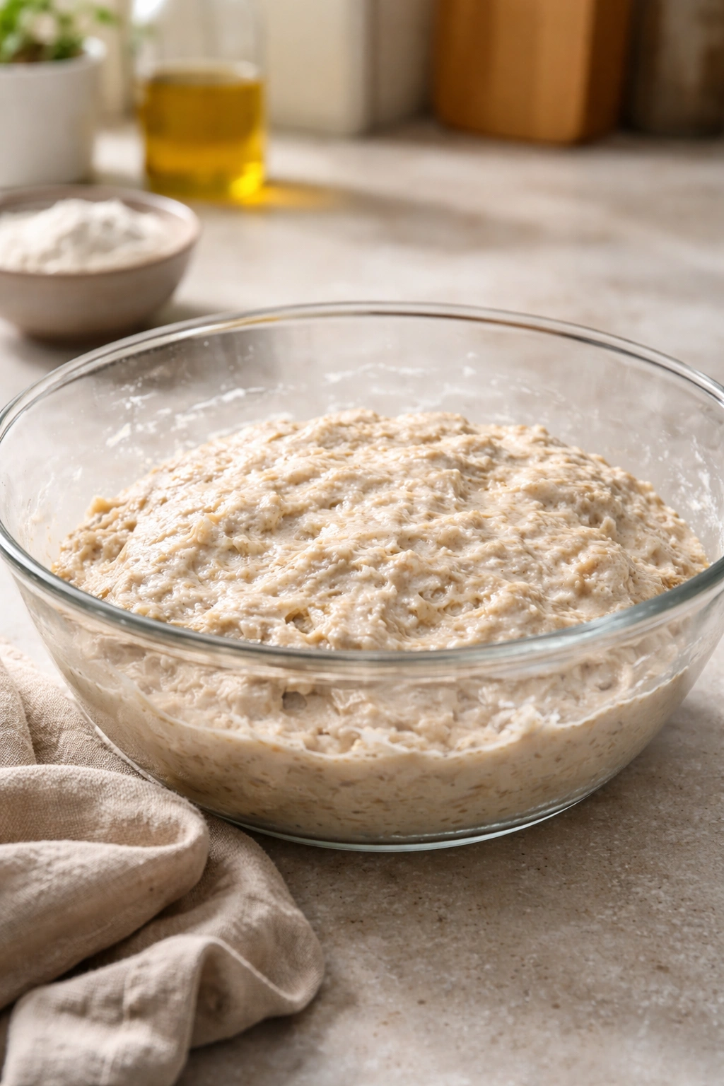 Shaggy no-knead dough in a glass bowl on a clean counter