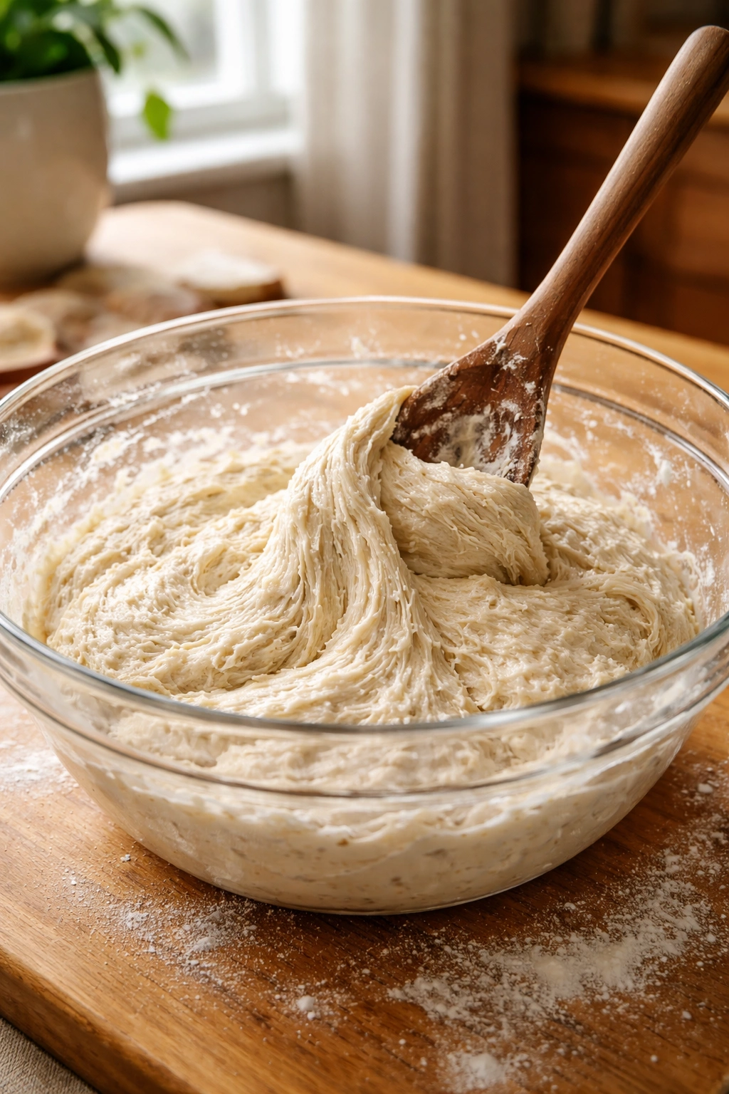 Close-up of a shaggy wet dough in a bowl being folded by a wooden spoon