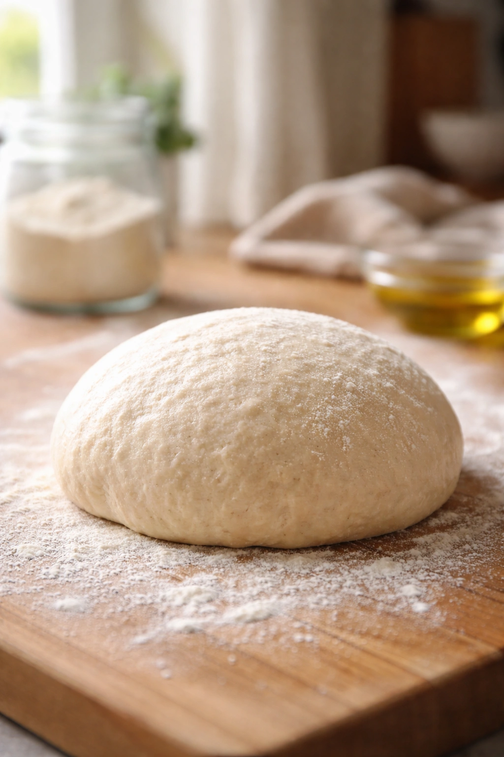 Close-up of a round dough ball on a flour-dusted wooden surface, showing no-knead dough texture