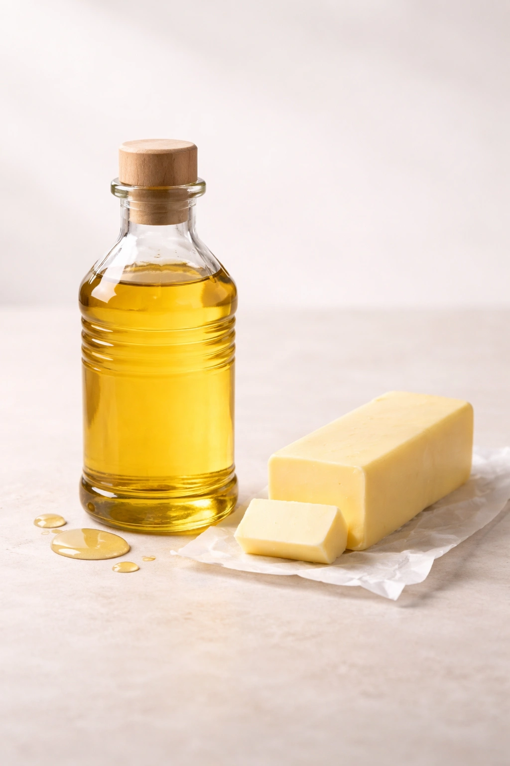 Oil bottle and butter stick on plain background