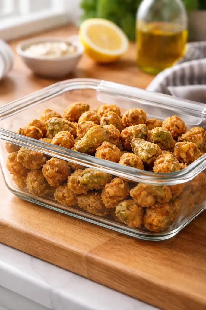 Close-up of fried okra in an airtight container showing crisp coating