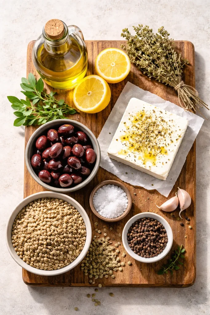 Overhead view of Greek pantry items on a wooden board: olive oil, lemons, oregano, feta, olives, lentils