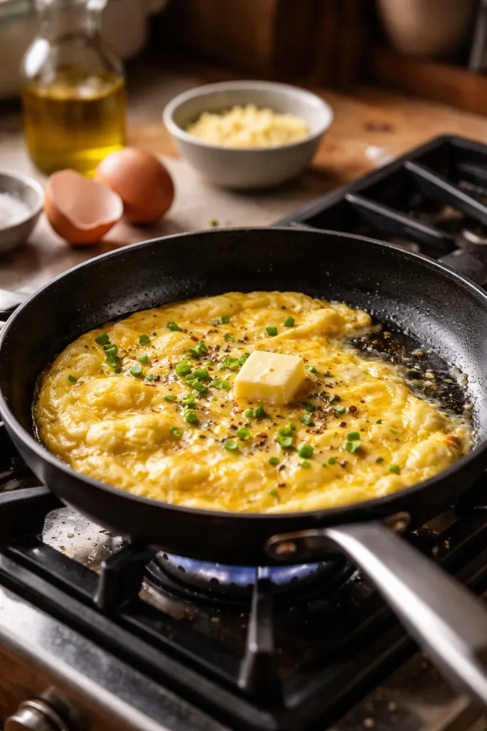 Omelet cooking in a skillet as a last-minute dinner