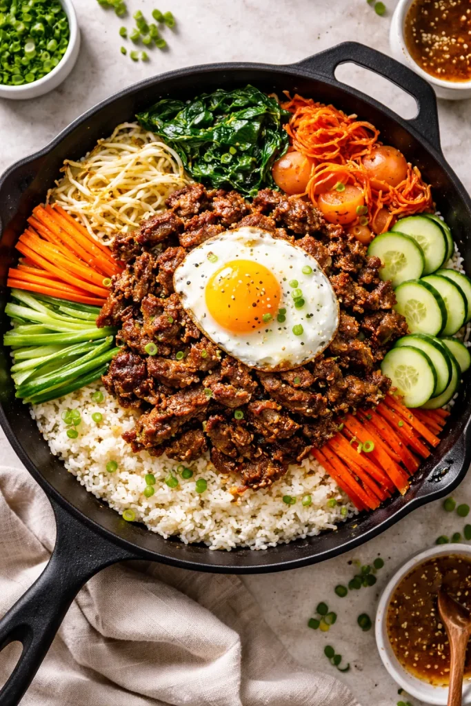 One-pan bulgogi bibimbap in skillet with rice and vegetables