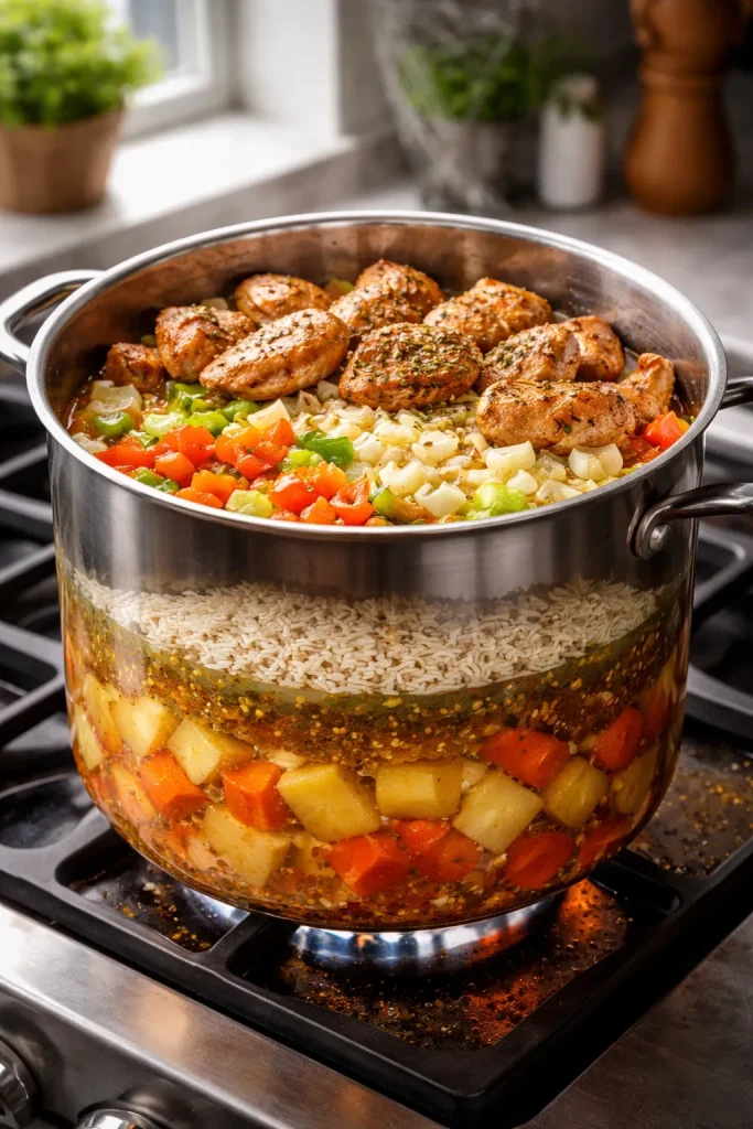 Close-up of a pot with layered ingredients showing cooking order for one-pot mistakes