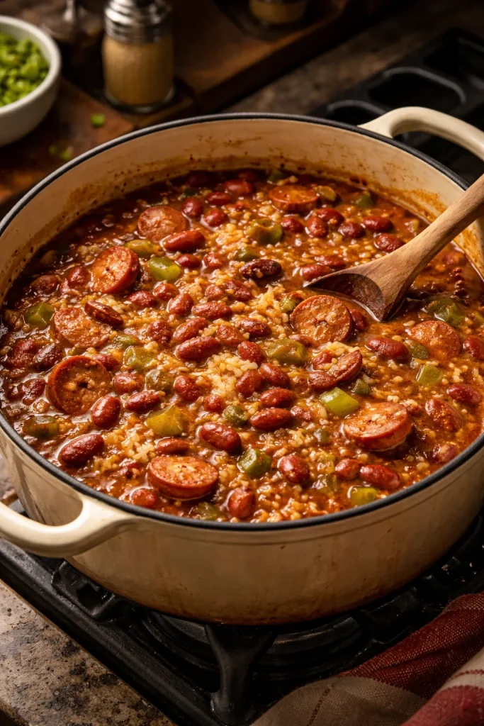 Pot of red beans and rice with sausage simmering