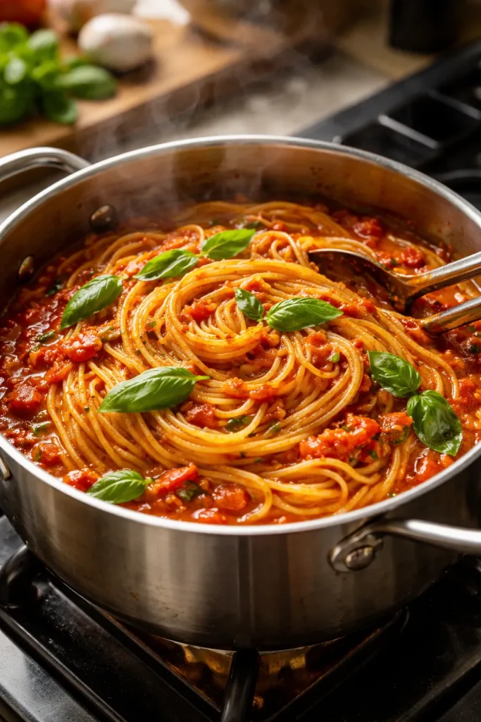 Close-up of pasta cooking in tomato sauce in a single pot
