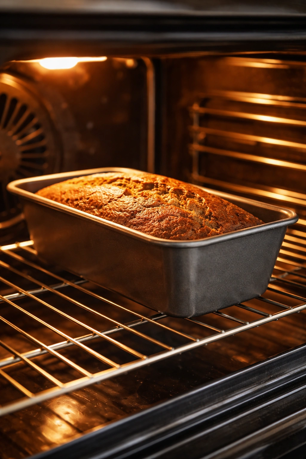 Loaf pan in an oven with glow showing even browning